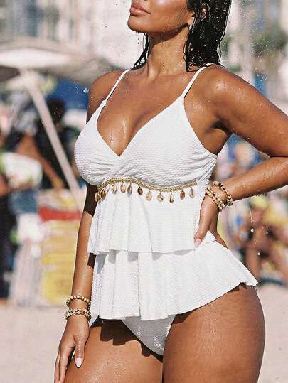 Swim Vcay Bộ đồ bơi tankini cỡ lớn dành cho mùa hè, trang trí vỏ sò, viền bèo nhún.