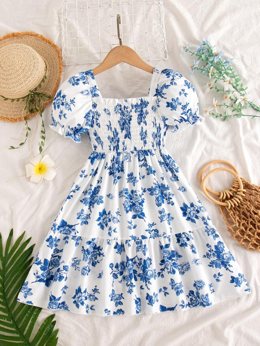 SHEIN Elladie kids 1件女童多巴胺度假碎花吊带连衣裙,可爱时尚沙滩裙,适合夏季外出和度假 - 藍白色 - 查看 1