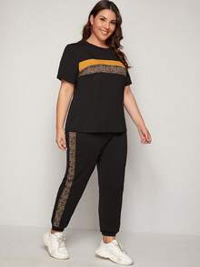 Mulvari Conjunto de camiseta y pantalón de chándal con panel de estampado de leopardo, verano - Negro - Ver 5