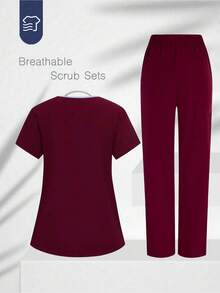 TaskEZ Solid Color Patchwork V-Neck Short Sleeve Top And Pants Scrub Uniform Set - Burgundy - View 2