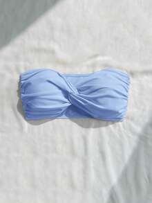 Swim Basics 女士纯色扭结比基尼上衣，适合夏季度假和海滩穿着 - 藍色 - 查看 5