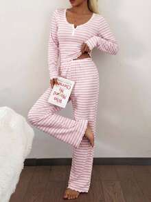 SHEIN Conjunto de pijama de manga larga con estampado de rayas, cuello cuadrado y ribete de encaje - Rosa - Ver 8