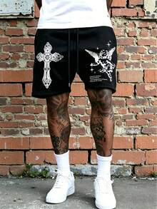 Manfinity EMRG Quần short nam phong cách đường phố in hình thánh giá và thiên thần. - màu đen - Xem 2
