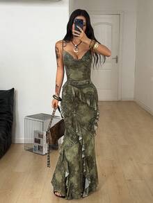 Coolane Đầm dài nữ mùa hè phong cách đồng quê, hội chợ thời Phục Hưng, boho hippie, dệt kim hoa, xếp nếp, màu xanh lá cây, ôm sát, hở lưng. - xanh quân đội - Xem 3
