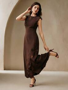 Women's Elegant Hollow Out Embroidered Fitted Burgundy Red Sleeveless Dress, Suitable For Formal, Party, Chic, Work, Graduation, Wedding - Coffee Brown - View 3