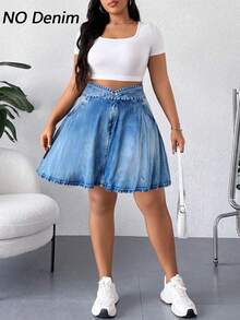SHEIN Elenzya 大码女式时尚休闲浅蓝色仿牛仔印花高腰显瘦弹力A字短裙裤，适合运动、户外跑步和日常休闲穿着 - 藍色 - 查看 5