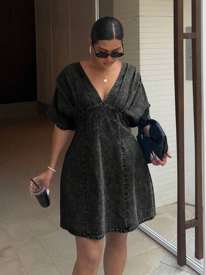 Dripcurv Plus Size Women V-Neck Batwing Short Sleeve Pleated Casual Denim Dress