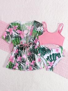 SHEIN Young Girl One-Piece Swimsuit With Random Print Design And Matching Cover-Up - Baby Pink - View 6