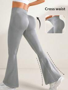 Easithlete Women's Solid Color High Waist Fitted Flare Leg Yoga Pants - Light Grey - View 2