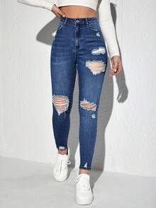 Rivivi Plus Size Distressed Denim Jeans - Blue - View 3