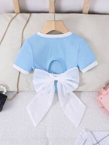Áo thun ngắn tay dáng ôm, phối màu trơn dễ thương cho bé gái, có lưng hở và nơ organza trang trí. Phong cách thanh lịch Pháp, thích hợp cho mùa tựu trường, thời trang Y2K, ngọt ngào và cá tính, độc đáo và nữ tính. - Màu xanh lam - Xem 4