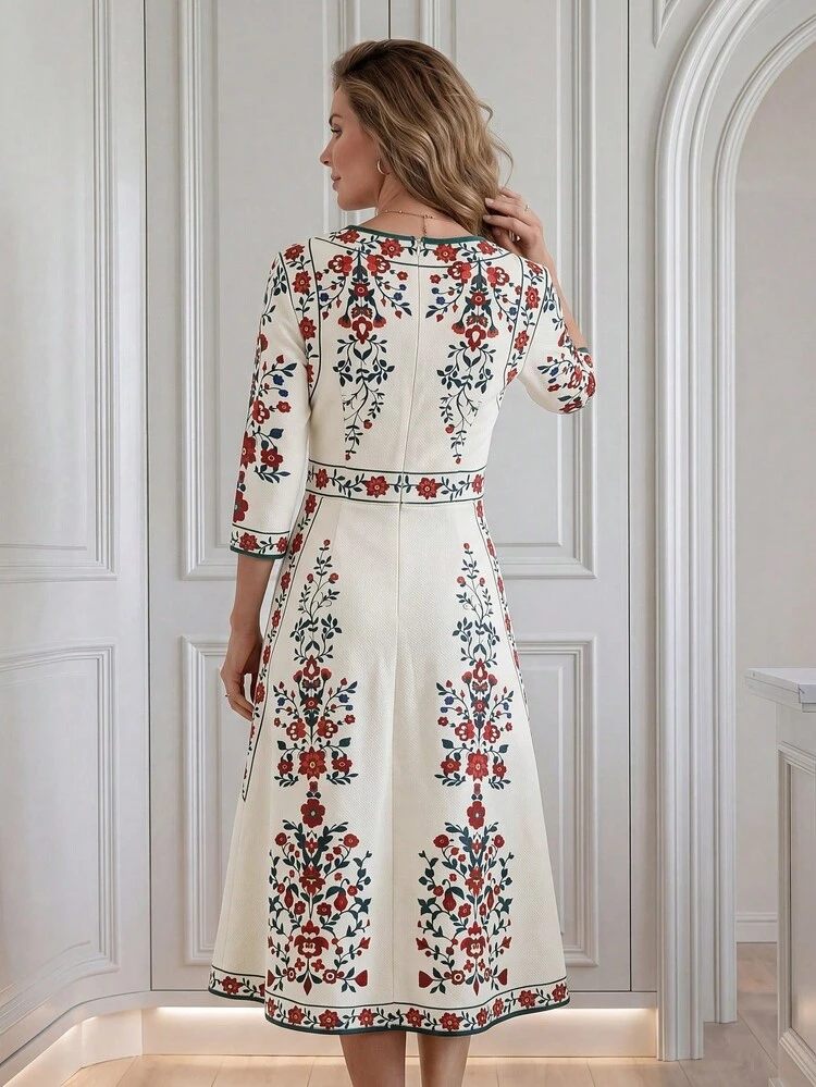 Women's Fashionable Elegant Floral Print 3/4 Sleeve Mid-Length Dress,Summer Dresses For Women,Festival Outfits For Women,Mother's Day ,Elegant Dresses For Women,Floral Dress