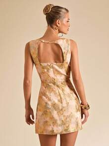 SHEIN BAE Elegant Pink And Gold Summer Textured Jacquard Sleeveless Square Neck Backless Floral Mini Dress,Perfect For Birthday Party,Wedding,Prom& Date - Gold - View 2