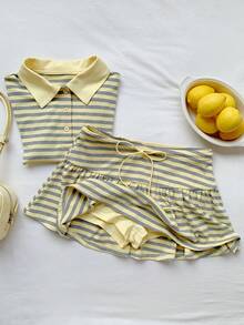 Comfortcana Bộ đồ nữ thời trang đa năng gồm áo polo kẻ sọc cài cúc và chân váy ngắn thắt eo, set 2 món Zoey Outfit Ytk Clothes Zoo Outfit Summer Casual Sets Summer Outfits Festival Outfit Women's Day Beach Graduation Elegant Casual Vacation Outfits For Women Sports Women's Sports Shorts Y2k Tops Yellow Ans Gery Stripe Country Sets For Women - Nhiều màu - Xem 4