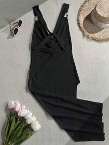 Swim Basics 2026新款女士夏季沙滩度假纯白色网纱金属扣装饰深V领露背宽松性感泳衣罩衫 - 黑色 - 查看 8