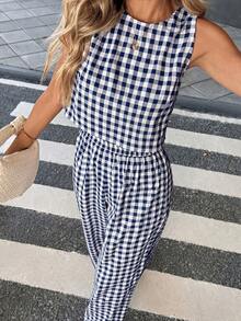 SHEIN PariChic 女士夏季休闲格子无袖衬衫和裤子套装 - 藏蓝色 - 查看 6