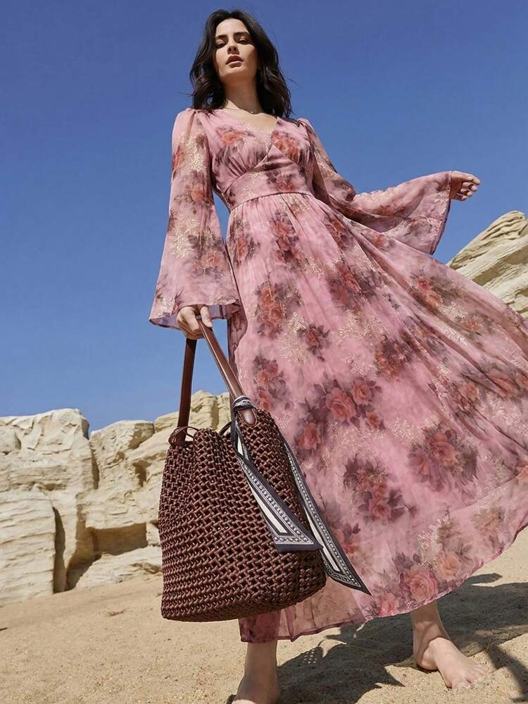 Spring/Summer Floral Print Dress, Elegant Fit For Wedding, Party, Formal Occasion, Commute Maxi Dress Sundress Boho Vacation Outfits Women