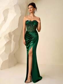 Coutiva 女士正式晚礼服，饰有亮片，褶皱鱼尾廓形，高开衩设计 - 墨綠色 - 查看 7