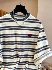 Resyla Women's Striped Print Round Neck Heart Embroidery Casual Short Sleeve T-Shirt - Multicolor - View 3