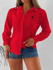 INAWLY Camisa de manga larga con estampado de cristales, informal y cómoda para ir a la oficina - Rojo - Ver 4