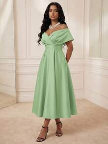 Savoree Women's Elegant Off-Shoulder Long Dress, Solid Color, Suitable For Party - Green - View 8
