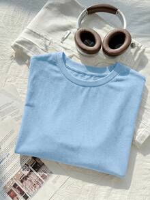 Comfortcana Casual Solid Sky Blue Round Neck Short Sleeve Cropped Women T-Shirt, Suitable For Summer - Baby Blue - View 6