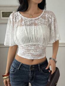 DAZY Áo croptop ren xuyên thấu gợi cảm dành cho nữ, thích hợp cho mùa hè. - trắng - Xem 3