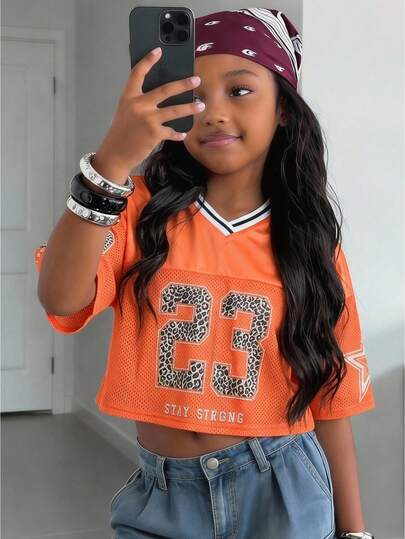 SHEIN Tween Girls' Fashion Sports Casual Street Style Orange Mesh Numeric Pattern Baseball Jacket, Suitable For World Cup, Sports Events, Music Festivals