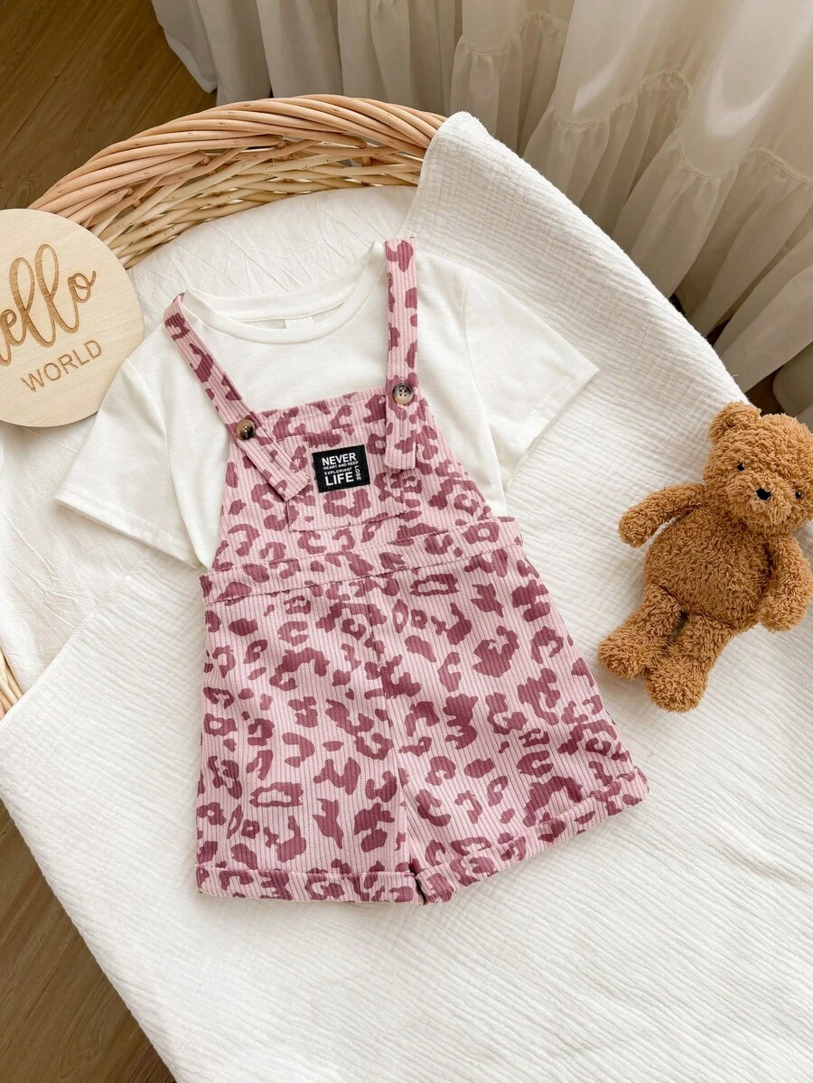 SHEIN Babygirl Cute Versatile Casual Corduroy Leopard Print Romper - Pink - View 1