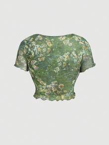 SHEIN MOD 夏季大尺碼女款花卉印花上衣，優雅V領綠色抓皺網紗T恤，短荷葉袖前綁帶修身上衣，派對野餐穿搭 - 綠色 - 查看 2