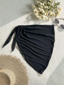 SHEIN Swim 1件套度假时尚夏季沙滩薄纱罩衫和半身裙套装 - 黑色 - 查看 6