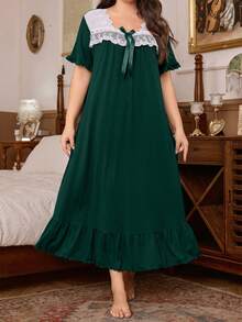 Trezura Robe midi confortable et décontractée de style rétro romantique de palais français, en tissu tricoté doux avec patchwork en dentelle blanche et nœud papillon vert foncé pour femmes grandes tailles - Vert sapin - Voir 3