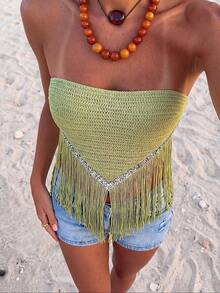 SHEIN Allurite Women's Strapless Sexy Fringe Top - Apricot - View 1