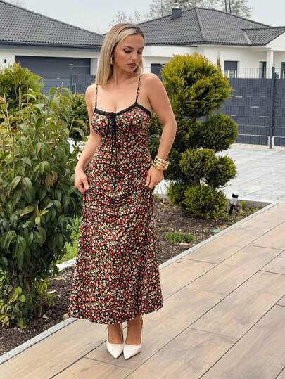 Jeta Ari Đầm hai dây phối ren in hoa dành cho nữ