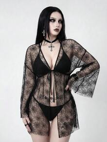 ROMWE Goth Women's Summer Vacation Sheer Loose Bat Print Kimono Cover Up - Black - View 1