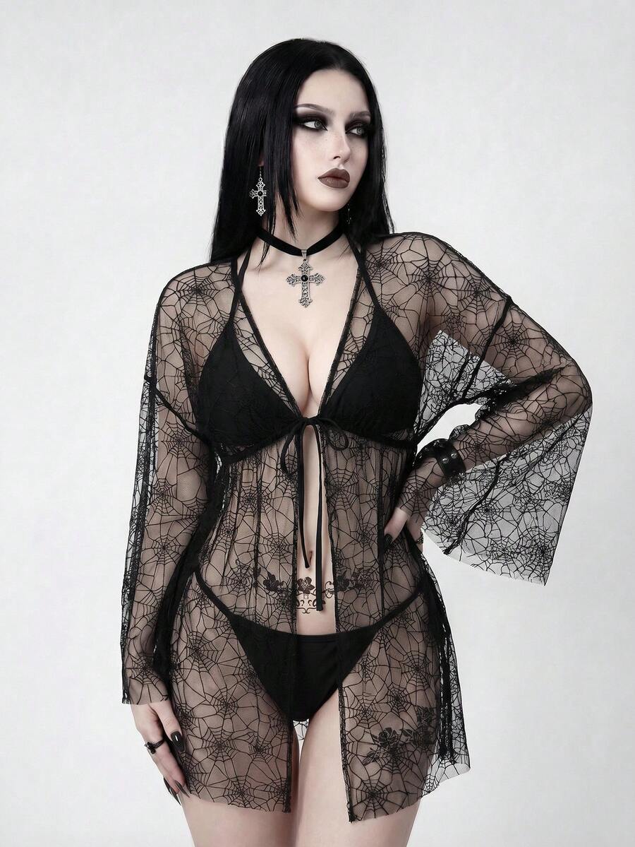 ROMWE Goth Women's Summer Vacation Sheer Loose Bat Print Kimono Cover Up - Black - View 1