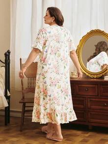 Côtesoire Plus Size Comfortable & Elegant Floral Print Ruffle Hem Nightgown, Summer - Multicolor - View 2