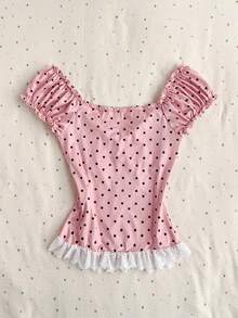 Elamini Áo thun nữ in hình trái tim viền ren - Hồng - Xem 2
