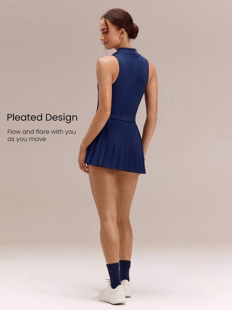 Ultrafine Soft Seamless Net Worthy Pleated High-Neck Sleeveless Tennis Dress & Shorts Set Golf Pickleball Daily Casual Summer Wear