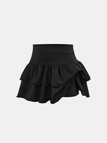 SHEIN Young Girl Knitted Solid Color Cute Ruffle Layered Built-In Shorts Mini Skirt,Black Skirts For Girls,Kids,Plain - Black - View 5