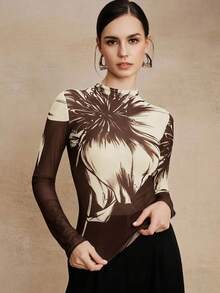 Anewsta Elegant High Neck Fitted Coffee Brown T-Shirt, Women Long Sleeve Vintage Printed Mesh Undershirt Top - Coffee Brown - View 6