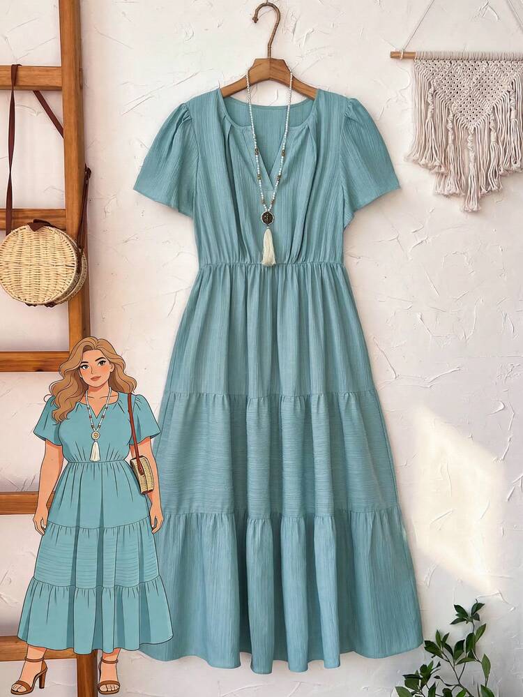 Plus Size Casual Solid Color Waist Cinched Dress Summer Dress Summer Outfits For Women Spring Clothing Spring Outfit Beach Outfits For Women Vacation Outfits Women Summer Holiday Outfits Country Style For Women Festival Outfits For Women Casual Dresses For Women Country Dress Elegant Dress Dress For Woman