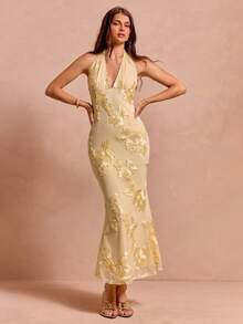 Enchnt Abito elegante da donna con vita svasata, ricamo floreale 3D e laccetti, stile fishtail per l'estate - Giallo - Visualizzare 3
