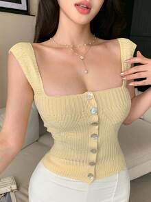 Joudiya Women's Casual Elegant One-Shoulder Short Sleeve Knit Top, Design Sense Pullover Sweater, Suitable For Spring Summer Cute Tops Date Pale Yellow - Yellow - View 2