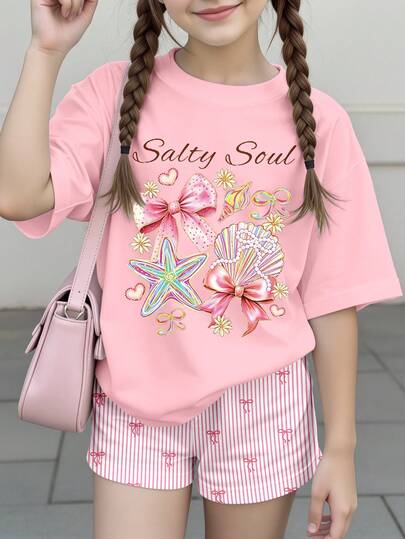 2pcs/Set Girls' Beach Shell Print Digital Print Pink Short Sleeve Top And Striped Shorts Set, Suitable For Spring And Summer