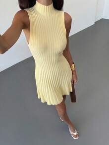 Aloruh Minimalist Elegant Stand Collar Sleeveless A-Line Mini Ribbed Knit Dress For Women - Light Yellow - View 6