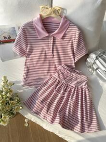 Comfortcana Conjunto de 2 piezas de camiseta de manga corta a rayas y minifalda casual y colorida, para primavera/verano - Multicolor - Ver 5