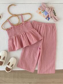 Cozy Pixies Babygirl Cute Summer Pink Chiffon Butterfly Decor Camisole Top And Elastic Waist Pants Set - Dusty Pink - View 2