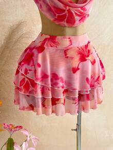 Soleia Women's Pink Tropical Floral Sunset Ombre Plunging Neckline Metal Buckle Blouse Multi-Layer Ruffle Mini Skirt 2-Piece Set,Summer Boho Beach Vacation - Multicolor - View 4