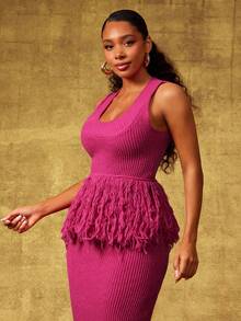 Berry Fringe Hem Rib Knit Sleeveless Peplum Top - Hot Pink - View 5
